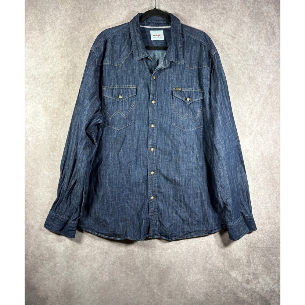 Wrangler Denim Shirt Mens XXL Blue Western Pearl Snap Long Sleeve Cowboy Rodeo